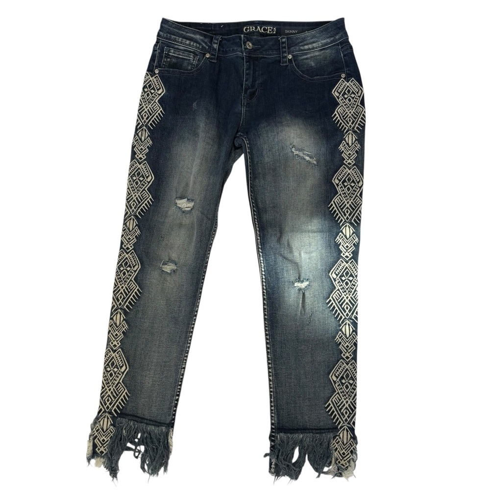 Grace Embroidered Side-Trim Straight-Leg Jeans Distressed Dark Blue Women’s 30